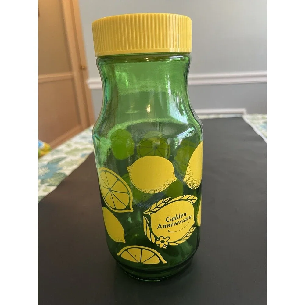 Vintage Anchor Hocking Green Yellow Lemonade Lemon Juice Jar Pitcher Measuring